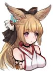  2019 accessory animal_humanoid bare_shoulders blonde_hair blush breasts bust_portrait canid canid_humanoid canine canine_humanoid choker clothed clothing eyebrow_through_hair eyebrows fox_humanoid granblue_fantasy hair hair_accessory hair_bow hair_ribbon humanoid jewelry mammal mammal_humanoid necklace nuno_(pppompon) open_mouth portrait purple_eyes ribbons side_boob simple_background solo translucent translucent_hair white_background white_clothing yuisis_(granblue_fantasy) 