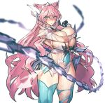  1girl aqua_eyes aqua_legwear blush breasts butterfly_hair_ornament covering covering_breasts elbow_gloves gloves hair_ornament headgear huge_breasts leotard long_hair looking_at_viewer maria_cadenzavna_eve melon22 parted_lips pink_hair senki_zesshou_symphogear shiny shiny_hair shiny_skin simple_background solo standing thighhighs torn_clothes torn_leotard whip_sword white_background white_leotard 