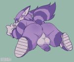  2019 anthro anus balls big_the_cat bitebox64 blush butt clothing domestic_cat felid feline felis fur gloves handwear humanoid_hands humanoid_penis male mammal penis purple_body purple_fur simple_background solo sonic_the_hedgehog_(series) 