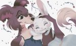  2019 5_fingers anthro beastars blush brown_body brown_fur canid canine canis clothing duo eyes_closed female fingers flower fur happy haru_(beastars) hi_res hug jaykittens juno_(beastars) lagomorph leporid mammal multicolored_body multicolored_fur nails plant rabbit smile topwear two_tone_body two_tone_fur white_body white_fur wolf 