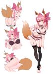  1girl :3 animal_ears ass black_bra black_legwear bow bra breasts choker cleavage crossed_ankles fate/extra fate/grand_order fate_(series) fox_ears fox_tail garter_belt hair_between_eyes hair_bow hand_on_hip large_breasts long_hair lying multiple_girls navel pink_hair sidelocks simple_background sleeping standing tail tail_wagging tamamo_(fate)_(all) tamamo_no_mae_(fate) tassel thighhighs tigersaber toeless_legwear twintails underwear white_background yellow_eyes 