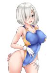  1girl ass_visible_through_thighs blue_eyes blue_swimsuit blush breasts cleavage collarbone competition_swimsuit gloves hair_ornament hair_over_one_eye hairclip hamakaze_(kantai_collection) hand_on_thigh kantai_collection kuga_zankurou large_breasts looking_at_viewer one-piece_swimsuit open_mouth short_hair silver_hair simple_background solo standing swimsuit twitter_username upper_body white_background white_gloves 