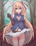  /\/\/\ 1girl @_@ arisa_(shadowverse) bangs bare_shoulders black_gloves blonde_hair blue_shirt blush breasts cape commentary_request elbow_gloves eyebrows_visible_through_hair gloves green_eyes hair_between_eyes hair_ribbon long_hair medium_breasts no_panties nose_blush open_mouth pointy_ears pubic_hair red_cape red_ribbon ribbon shadowverse shirt skirt skirt_lift sleeveless sleeveless_shirt solo standing sweat tori_(eherotori) tree very_long_hair white_skirt wind wind_lift 