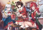  :3 alternate_costume ange_katrina black_hair cake chair christmas christmas_tree commentary eihi food gift heterochromia inui_toko lize_helesta long_hair multicolored_hair nijisanji red_hair sebastian_piyodore short_hair sitting smile snowing table teapot virtual_youtuber wa_maid window 