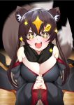  +_+ 1girl animal_ear_fluff animal_ears bangs bare_shoulders black_background black_kimono black_neckwear blonde_hair blurry blush breasts brown_hair brown_tail cleavage coin_hair_ornament commentary_request crossed_bangs eyebrows_visible_through_hair floor fox_ears fox_tail hands_clasped japanese_clothes kimono large_breasts looking_at_viewer motion_blur mouth_drool multicolored_hair off-shoulder_kimono open_mouth original own_hands_together scarf seiza sidelocks sitting solo sparkle tail tail_wagging two-tone_hair two_side_up upper_teeth v-shaped_eyebrows wide_sleeves xiujia_yihuizi yellow_eyes 