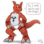  1:1 2019 3_fingers anthro biped briefs bulge claws clothing dialogue digimon digimon_(species) english_text fingers guilmon iztli male nervous open_mouth red_body red_skin scalie sharp_claws shy signature simple_background solo speech_bubble standing teeth text tighty_whities tongue underwear white_background yellow_eyes 