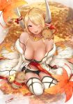  1girl autumn_leaves bangs bare_shoulders bell blonde_hair blush breasts cleavage commentary_request dark_skin draph eyes_visible_through_hair gold_trim granblue_fantasy hair_over_one_eye haru_(hottikisu25) horn_ribbon horns jacket jewelry jingle_bell kuvira_(granblue_fantasy) large_breasts necklace off_shoulder open_clothes open_jacket open_mouth parted_bangs pig pointy_ears ribbon short_shorts shorts sitting smile strap_slip thighhighs white_legwear 