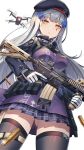  1girl assault_rifle bangs beret black_headwear black_legwear closed_mouth dakunesu drone facial_mark german_text girls_frontline gloves goggles goggles_around_neck green_eyes gun h&amp;k_hk416 hair_ornament hat highres hk416_(girls_frontline) holding holding_gun holding_weapon iron_cross jacket long_hair long_sleeves looking_at_viewer pleated_skirt rifle silver_hair simple_background skirt solo thighhighs trigger_discipline weapon white_background white_gloves 