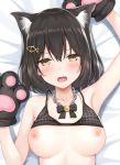  1girl black_hair blush bow breasts cat chain collarbone commentary_request eyebrows_visible_through_hair fangs hair_ornament hairclip jewelry karutamo large_breasts looking_at_viewer lying necklace nipples on_back original short_hair simple_background solo white_background 