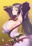  1girl absurdres arched_back armpits arms_up ass bangs blush bodysuit breasts covered_nipples detached_sleeves fate/grand_order fate_(series) from_side fuya_(tempupupu) highres huge_breasts long_hair looking_at_viewer minamoto_no_raikou_(fate/grand_order) paid_reward parted_bangs parted_lips patreon_reward purple_bodysuit purple_eyes purple_hair rope shiny shiny_skin solo very_long_hair 