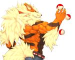  abs absurd_res anthro anthrofied arcanine arm_tuft armpit_hair black_body black_fur blue_eyes body_hair captainjohkid claws clothed clothing elbow_tufts fur hi_res male muscular muscular_male neck_tuft nintendo orange_body orange_fur pok&eacute;ball pok&eacute;mon pok&eacute;mon_(species) simple_background solo stripes topless tuft video_games white_background yellow_body yellow_fur 