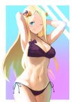  1girl abigail_williams_(fate/grand_order) armpits arms_behind_head arms_up backlighting bangs bare_shoulders bikini black_bow blonde_hair blue_background blue_eyes blush bow breasts cleavage closed_mouth collarbone fate/grand_order fate_(series) forehead gradient gradient_background large_breasts long_hair looking_at_viewer navel older one_eye_closed orange_bow parted_bangs purple_background purple_bikini side-tie_bikini smile solo summer_sky swimsuit 