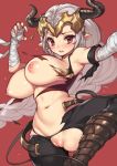  1girl absurdres aliza_(granblue_fantasy) arm_wrap armband belt blush boots braid breasts draph earrings fuya_(tempupupu) granblue_fantasy hair_pulled_back headpiece highres horns jewelry knee_boots large_breasts leg_up long_braid long_hair looking_at_viewer nipples open_mouth paid_reward patreon_reward pointy_ears puffy_nipples pussy red_background red_eyes silver_hair simple_background single_braid solo sweat torn_clothes 