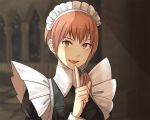 1girl alternate_costume anzk232 enmaided eyebrows_visible_through_hair finger_to_mouth fire_emblem fire_emblem:_three_houses index_finger_raised leonie_pinelli looking_at_viewer maid maid_headdress open_mouth orange_eyes orange_hair short_hair side_ponytail 