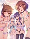  4girls :p akatsuki_(kantai_collection) alternate_costume areolae ass_visible_through_thighs babydoll bangs bare_shoulders black_legwear black_panties blue_eyes blush bra breastless_clothes breasts brown_hair cameltoe choker closed_mouth collarbone commentary_request eyebrows_visible_through_hair fang finger_to_mouth folded_ponytail frills green_panties groin hair_ornament hairclip hibiki_(kantai_collection) highres ikazuchi_(kantai_collection) inazuma_(kantai_collection) kantai_collection lace lace-trimmed_legwear lace-trimmed_panties lingerie long_hair looking_at_viewer multiple_girls navel nipples open_mouth panties pink_panties purple_eyes purple_hair revealing_clothes saliva saliva_trail sasachin_(k+w) see-through short_hair side-tie_panties silver_hair simple_background skindentation smile sparkle thigh_strap thighhighs thighs tongue tongue_out underwear underwear_only white_legwear white_panties 
