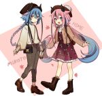 2others :d bag bangs beret blue_eyes blue_hair boots brown_background brown_dress brown_footwear brown_headwear brown_jacket brown_legwear brown_pants brown_shirt bubble_tea cabbie_hat character_name commentary cross-laced_footwear cup curled_horns disposable_cup dress drinking_straw eyebrows_visible_through_hair frilled_dress frills gradient_hair hair_between_eyes handbag hat holding holding_cup horns jacket lace-up_boots long_hair long_sleeves low_twintails meika_hime meika_mikoto multicolored_hair multiple_others nou open_clothes open_jacket open_mouth pants pink_hair plaid plaid_pants pleated_dress print_dress puffy_long_sleeves puffy_sleeves shirt shoe_soles short_eyebrows shoulder_bag sleeves_past_wrists smile socks standing standing_on_one_leg suspenders thick_eyebrows twintails two-tone_background upper_teeth very_long_hair vocaloid white_background white_shirt 