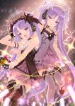  2girls :d :p arm_up bangs bare_shoulders bell_(oppore_coppore) black_dress black_footwear black_legwear black_wings chain closed_mouth collarbone commentary_request dress euryale eyebrows_visible_through_hair fate/hollow_ataraxia fate_(series) feathered_wings frills glint glowing grey_dress grey_footwear grey_legwear head_wings headphones highres holding long_hair matching_outfit microphone_stand multiple_girls open_mouth parted_bangs purple_eyes purple_hair shoes smile standing standing_on_one_leg stheno thighhighs tongue tongue_out twintails very_long_hair white_wings wings 