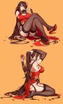 1girl absurdres adjusting_hair ahoge ass back bare_shoulders black_panties blush breasts brown_hair bunching_hair commentary_request covered_nipples crossed_legs detached_sleeves dress dsr-50_(girls_frontline) eyebrows_visible_through_hair flower full_body garter_belt garter_straps girls_frontline gold_choker hair_flower hair_ornament hair_scrunchie high_heels highres impossible_clothes impossible_dress kneeling large_breasts long_hair mole_on_ass multiple_views no_bra orange_background panties pantyshot pantyshot_(sitting) pelvic_curtain q9q red_dress red_eyes red_footwear scrunchie see-through sheer_legwear shoe_dangle shoes_removed side-tie_panties sideboob sitting soles solo_focus stiletto_heels strapless strapless_dress thighhighs thighs toes underwear very_long_hair 