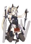  1girl animal_ears barcode_tattoo blue_eyes character_request copyright_request dual_wielding glasses headphones highres holding horse_ears horse_tail katana long_hair ningen_(ningen96) platinum_blonde_hair ponytail scabbard sheath sleeveless solo sword tail tattoo thighhighs weapon 