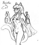 alcohol band-aid bandage beverage bottle domestic_cat felid feline felis female frown hair invalid_tag long_hair looking_at_viewer mammal monochrome serth simple_background solo text whiskers 