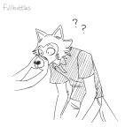  ? anthro beastars bottomwear canid canine canis cheek_tuft clothed clothing disembodied_hand duo facial_tuft fullbottles fully_clothed legosi_(beastars) mammal monochrome pants shirt simple_background topwear tuft white_background wolf 