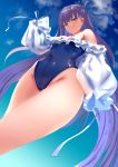  1girl :q bare_shoulders blue_eyes blue_ribbon blue_sky blush breasts cameltoe cloud covered_navel fate/grand_order fate_(series) from_below groin hair_ribbon highres leotard long_hair looking_at_viewer meltryllis meltryllis_(swimsuit_lancer)_(fate) purple_hair ribbon sky sleeves_past_wrists small_breasts smile solo tongue tongue_out very_long_hair yhes70903 