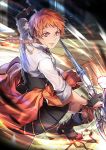  1girl artist_name cracked_floor fire_emblem fire_emblem:_three_houses garreg_mach_monastery_uniform hellyonwhite holding holding_weapon leonie_pinelli orange_eyes orange_hair paula_biedma polearm poleaxe short_hair weapon 