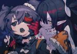  2girls bare_shoulders black_bow black_choker black_hair blush blush_stickers bow bukurote choker eyepatch frills gloves hair_between_eyes hair_over_one_eye heart heart-shaped_pupils long_hair multiple_girls open_mouth original pointing purple_hair red_gloves sharp_teeth smile sweat symbol-shaped_pupils teeth tongue twintails upper_teeth white_bow yellow_eyes 