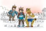  2019 anthro bottomwear brown_body brown_fur canid canine canis clothing detailed_background fur group hoodie male mammal morenatsu nanafuse nintendo nintendo_switch outside raccoon_dog shirt shorts shun_(morenatsu) sitting slightly_chubby tanuki topwear video_games wolf young yukiharu_kuri 馬賽克 