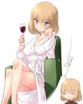  1girl alcohol armchair bangs blonde_hair blue_eyes blush blush_stickers breasts chair chibi chin_rest cleavage closed_eyes closed_mouth commentary crossed_legs cup dated drinking_glass eyebrows_visible_through_hair fang girls_und_panzer green_jacket head_tilt highres holding holding_cup imagining jacket katyusha kuzuryuu_kennosuke long_sleeves looking_at_viewer medium_breasts older pravda_school_uniform red_shirt robe school_uniform shirt short_hair simple_background sitting smile solo thought_bubble turtleneck twitter_username white_background white_robe wine wine_glass 