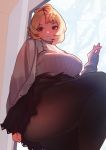  1girl against_window backlighting black_legwear black_skirt blonde_hair breasts brown_eyes bunny_ayumi cardigan from_below high-waist_skirt highres hiroshi_(hiroshixhiss) large_breasts leg_lift looking_at_viewer open_cardigan open_clothes pantyhose real_life ribbed_sweater short_hair skirt sleeves_past_wrists smile solo sweater thick_thighs thighs white_sweater window 