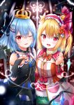  2girls :d ;d alternate_costume bangs bare_shoulders bat_wings black_bow black_dress black_gloves blonde_hair blue_hair blush bow bowtie bridal_gauntlets clenched_hand commentary_request crown crystal dress eyebrows_visible_through_hair flandre_scarlet flower frilled_hairband frilled_shirt_collar frills gloves hair_between_eyes hair_bow hair_flower hair_ornament hair_ribbon hairband hairclip hand_up lolita_hairband looking_at_viewer multiple_girls nail_polish one_eye_closed one_side_up open_mouth orange_bow orange_flower orange_neckwear red_eyes red_hairband red_nails red_ribbon remilia_scarlet renka_(cloudsaikou) ribbon short_hair siblings sisters smile touhou wings wrist_cuffs 