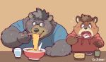  2019 anthro black_body black_fur blush bodily_fluids brown_body brown_fur canid canine clothing duo eating eyewear food fur garouzuki glasses hoodie humanoid_hands male mammal overweight raccoon_dog shirt sweat tanuki topwear ursid 