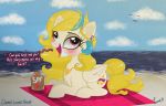  &lt;3 2019 absurd_res avian beach bird blonde_hair blush braided_hair darkest-lunar-flower detailed_background dialogue disguise english_text equid equine friendship_is_magic golden_feather_(mlp) hair hi_res horse jewelry mammal my_little_pony necklace outside pony princess_celestia_(mlp) pterippus purple_eyes sea seaside solo sunscreen text tongue towel water wings 