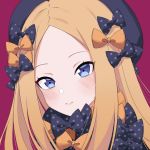  abigail_williams_(fate/grand_order) alzcats bangs black_bow black_headwear blonde_hair blue_eyes blush bow commentary face fate/grand_order fate_(series) multiple_bows orange_bow parted_bangs pink_background polka_dot polka_dot_bow simple_background 