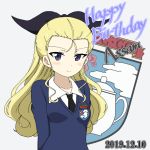  1girl arms_behind_back assam black_neckwear black_ribbon blonde_hair blue_eyes blue_sweater character_name closed_mouth commentary dated dress_shirt emblem english_text girls_und_panzer grey_background hair_pulled_back hair_ribbon happy_birthday ichinose_jun light_blush long_hair long_sleeves looking_at_viewer necktie ribbon school_uniform shirt simple_background smile solo st._gloriana&#039;s_(emblem) st._gloriana&#039;s_school_uniform sweater upper_body v-neck white_shirt wing_collar 