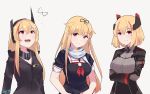  3girls absurdres armband azur_lane bangs breasts bug commentary english_commentary eyebrows_visible_through_hair fangs girls_frontline gloves grey_background hair_between_eyes headgear highres insect iron_cross jacket kantai_collection large_breasts long_hair long_sleeves look-alike m4_sopmod_ii_(girls_frontline) medium_breasts military military_uniform moth multicolored_hair multiple_girls neckerchief open_mouth red_eyes red_neckwear ringed_eyes roon_(azur_lane) sailor_collar scarf school_uniform sharp_teeth short_hair short_sleeves signature simple_background smile streaked_hair teeth tegar32 uniform yuudachi_(kantai_collection) 