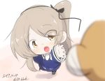  1girl bangs black_ribbon blurry blurry_foreground boko_(girls_und_panzer) commentary_request dated depth_of_field eyebrows_visible_through_hair girls_und_panzer hair_ribbon jinguu_(4839ms) light_brown_eyes light_brown_hair long_hair long_sleeves looking_at_viewer navy_blue_shirt navy_blue_skirt one_side_up open_mouth pantyhose pleated_skirt reaching ribbon shimada_arisu skirt solo standing striped striped_legwear stuffed_animal stuffed_toy teddy_bear twitter_username younger 