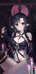  1girl angel_wings arm_warmers asymmetrical_bangs bangs bare_shoulders between_breasts black_hair blurry breasts brown_legwear candle cleavage collarbone feathered_wings full_moon groin halterneck hand_up highres holding holding_hair knee_up large_breasts long_hair looking_at_viewer mabinogi midriff moon o-ring parted_lips pointy_ears red_eyes revealing_clothes sidelocks sitting solo stomach thighhighs thighs user_uyfr2275 very_long_hair wings 