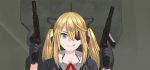  1girl :q bangs black_gloves blonde_hair blue_eyes dual_wielding eyepatch girls_frontline gloves gun hair_between_eyes holding holding_gun holding_weapon licking_lips long_hair machine_pistol parody skorpion_(girls_frontline) skorpion_vz._61 smile solo submachine_gun tab_(tabkun) the_matrix tongue tongue_out twintails upper_body weapon 