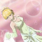  1girl absurdres blonde_hair blue_eyes blush breasts cleavage code_geass collarbone covered_navel dress elbow_gloves gloves hair_ornament hair_ribbon highres large_breasts monica_kruszewski open_mouth ribbon s_a_g_a shiny shiny_hair simple_background smile solo sparkle_background standing white_dress white_gloves 