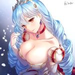  1girl angeline artist_name blue_hair breasts brown_eyes choker cleavage collarbone dress drill_hair earrings gradient gradient_background hand_up hi-na1 jewelry large_breasts long_hair looking_at_viewer puffy_sleeves red_choker sennen_sensou_aigis simple_background solo tiara upper_body white_dress 