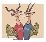  antelope anthro banner border bovid bovine brown_background brown_body brown_eyes bucky_oryx-antlerson clothed clothing disney duo grazing_antelope half-length_portrait holding_object horn hug kudu mammal oryx portrait pronk_oryx-antlerson rikuta_tp shirt simple_background smile spiral-horned_antelope t-shirt text topwear white_border zootopia 