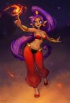  1girl absurdres armpits artist_name blurry blurry_background bracer breasts cleavage commentary dark_skin earrings english_commentary fire full_body harem_pants highres hoop_earrings index_finger_raised jewelry looking_at_viewer magic matilda_fiship mountainous_horizon night night_sky pants pointy_ears purple_hair red_footwear sand shantae_(character) shantae_(series) sky smile solo star_(sky) starry_sky tiara 