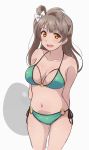  1girl arms_behind_back bangs bikini bow breasts collarbone commentary_request cowboy_shot green_bikini grey_background grey_hair hair_bow halterneck long_hair looking_at_viewer love_live! love_live!_school_idol_project medium_breasts minami_kotori navel o-ring o-ring_bikini one_side_up open_mouth orange_eyes side-tie_bikini solo swimsuit turkey_min white_bow 