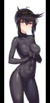  1girl bangs black_hair bodysuit breasts cameltoe closed_mouth commentary_request contrapposto covered_navel cowboy_shot expressionless eyebrows_visible_through_hair hair_between_eyes hatsuzuki_(kantai_collection) headband highres impossible_bodysuit impossible_clothes kantai_collection looking_at_viewer medium_breasts own_hands_together qin revision shiny shiny_hair simple_background solo standing white_background yellow_eyes 