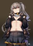  1girl absurdres bangs banned_artist black_bikini_top black_gloves black_jacket black_skirt breasts brown_eyes closed_mouth fingerless_gloves girls_frontline gloves gradient gradient_background grey_hair highres jacket lolicept long_hair long_sleeves looking_at_viewer navel one_side_up open_clothes open_jacket pantyhose pleated_skirt scar scar_across_eye shaded_face shirt_lift skirt small_breasts smile solo ump45_(girls_frontline) 