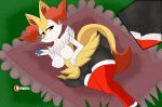  absurd_res black_body black_fur braixen breasts butt clothing female fenefell fur general: hi_res legwear lying nintendo pillow pok&eacute;mon pok&eacute;mon_(species) pussy solo thick_thighs video_games yellow_body yellow_fur 