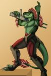  armor beckoning clothed clothing dinosaur dromaeosaurid gesture grar&#039;hel grin gun incorgnito male pinup pose ranged_weapon reptile scalie smile solo step theropod topless utahraptor weapon 