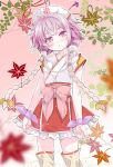  1girl :o amazake_(cafe-chan_to_break_time) autumn_leaves bangs blurry blurry_foreground braid brown_legwear cafe-chan_to_break_time commentary_request depth_of_field eyebrows_behind_hair frilled_skirt frills hair_ornament japanese_clothes kimono leaf long_hair looking_at_viewer maple_leaf parted_lips porurin purple_eyes purple_hair purple_ribbon red_skirt ribbon skirt sleeveless sleeveless_kimono solo thighhighs twin_braids very_long_hair white_kimono wrist_ribbon 